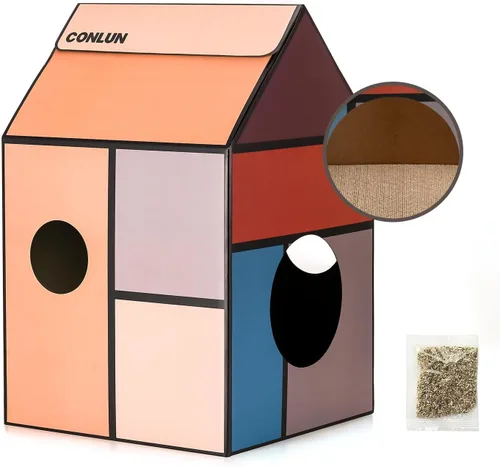 Miniatura 9 de Conlun Casa de cartón para gatos con almohadilla para rascar y hierba gatera, casa rascador para juegos de gatos para muebles de interior, rascador