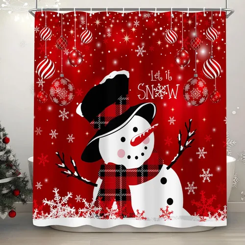 Miniatura 2 de Cortina de ducha de muñeco de nieve de Navidad, bola de Navidad roja, bonita cortina de ducha de muñeco de nieve de invierno, decoración navideña