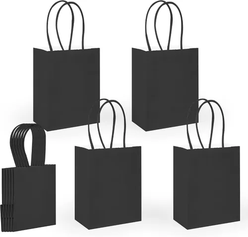 Miniatura 7 de DjinnGlory Paquete de 60 mini bolsas de papel negro para regalos de fiesta con asas a granel de 6.3 x 4.7 x 2.75 pulgadas para regalos de cumpleaños