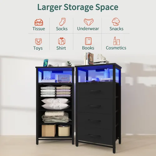 Miniatura 5 de Yoobure - Mesita de noche - Cómoda pequeña para dormitorio, mesita de noche LED negra con estación de carga, mesa de noche con 4 cajones de tela
