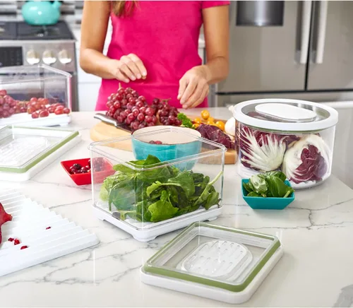 Miniatura 4 de iDesign Contenedor de productos para refrigerador con bandeja de drenaje extraíble y tapa, juego de 4 unidades, transparente