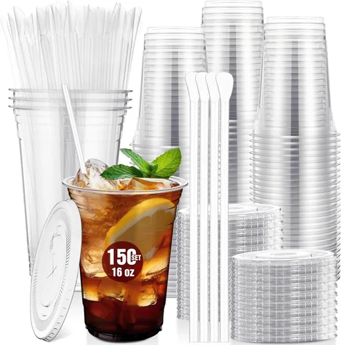 Eaasty Juego de 150 vasos de plástico transparente de 16 onzas con cuchara, pajitas y tapas planas, desechables, para café helado, postre, yogur,