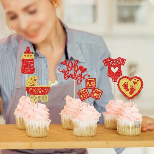 Miniatura 7 de 24 piezas de decoración para cupcakes para el día de San Valentín con purpurina roja para pies de bebé, carruaje de amor, corazón, día de San