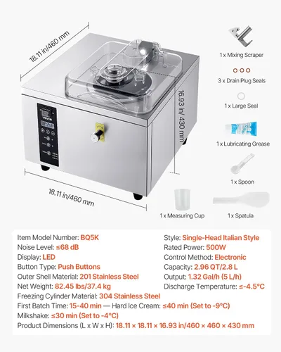 Miniatura 7 de VEVOR Máquina comercial de helado duro, 500 W, 1.32 galones/hora, heladera de gelato duro con cilindro de acero inoxidable 304 de 2.8 L, panel LED