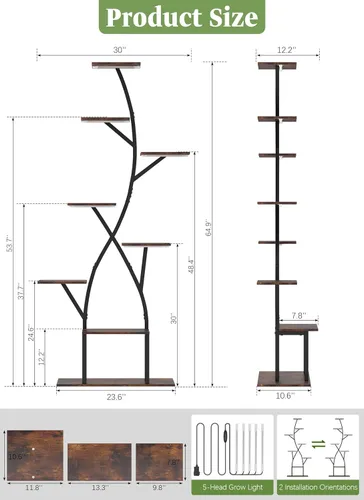 Miniatura 2 de Soporte para plantas de interior con luces de cultivo de 65 pulgadas de alto, estante de plantas iluminado en esquina para cultivo en interiores
