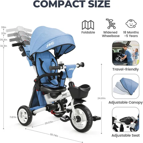 Miniatura 3 de JMMD Cochecito de triciclo 8 en 1 con asa de empuje, triciclo plegable con asiento giratorio de 360°, respaldo reclinable, ruedas todo terreno, Azul