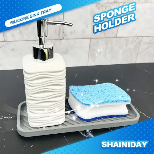 Miniatura 2 de 1 soporte de esponja de silicona, bandeja para fregadero de cocina, baño, ducha, jabonera, dispensador organizador de cepillos para botellas (gris)