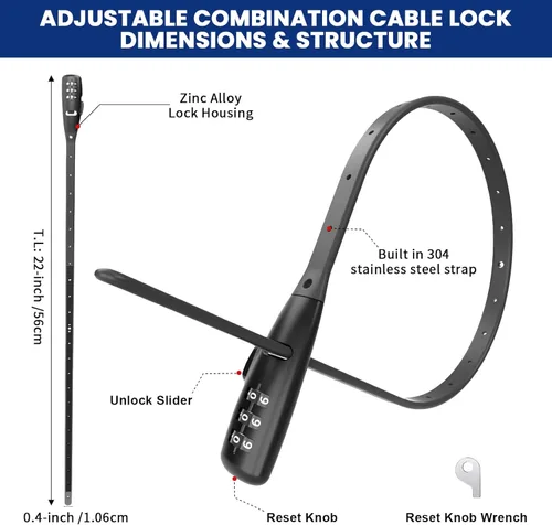 Miniatura 2 de WARLION Cerradura de Brida con Cable - Cerradura de Cable Ajustable de 3 Dígitos, para Portabicicletas, Casco de Motocicleta, Patineta, Esquís