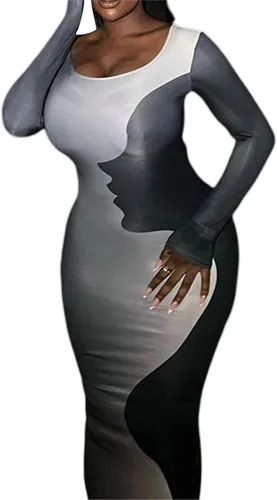 Miniatura 9 de Vestido largo ajustado de manga larga Y2k con cuello cuadrado para mujer, vestido de cóctel con estampado de cara de retazos