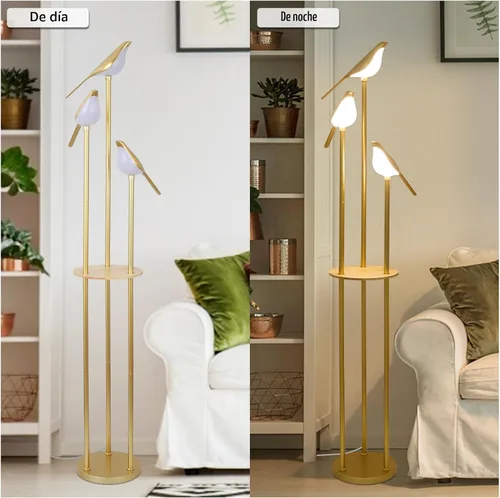 Miniatura 6 de Lámparas de pie doradas para sala de estar, lámpara de pie moderna con estantes, lámpara de pie de mediados de siglo con 3 luces LED de pájaro