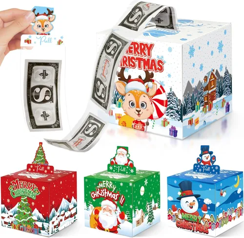 Miniatura 7 de Paquete de 4 cajas de dinero de Navidad para tirar de regalo en efectivo, árbol de Navidad, muñeco de nieve, Papá Noel y alce, cajas de regalo