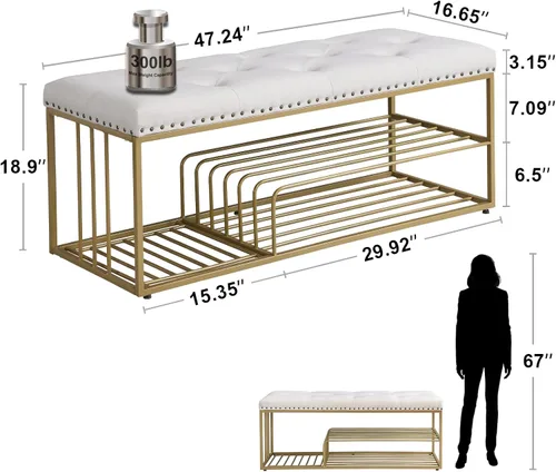 Miniatura 2 de Banco de lino con almacenamiento de zapatos de entrada con asiento acolchado copetudo, banco otomano con marco mental dorado para dormitorio, Beige