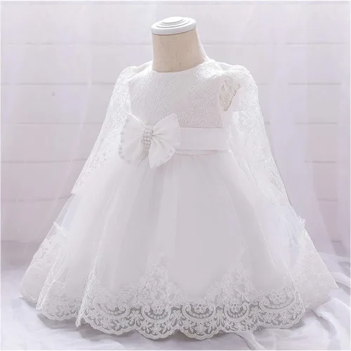 Miniatura 2 de HIHCBF Vestido de bautizo con tutú de encaje de manga larga con lazo para bebé, 1er cumpleaños, para boda, bautizo, tutú