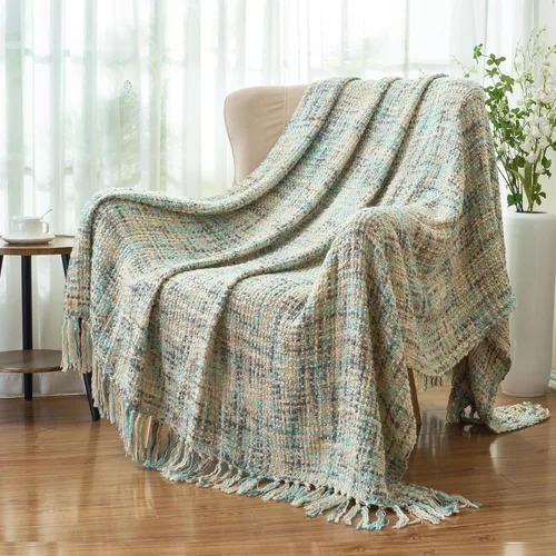 Miniatura 6 de Manta de punto trenzado multicolor azul y gris para sofá, 50 x 60 pulgadas, estilo bohemio, manta texturizada para decoración del hogar, manta