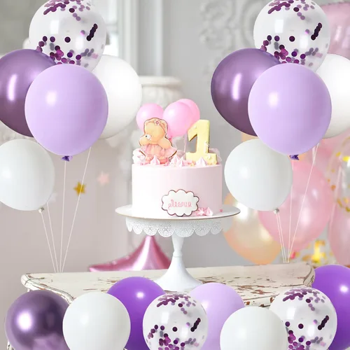 Miniatura 5 de RUBFAC 65 Piezas Globos Morados Lavanda de 12 Pulgadas, Globos Metálicos Morados y de Confeti para el Día de San Valentín, Baby Shower, Cumpleaños