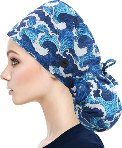 Miniatura 38 de QBA Gorra de trabajo ajustable con botón, gorro forrado de satén, gorro de trabajo de algodón, banda elástica para atar en la espalda, unisex Pt