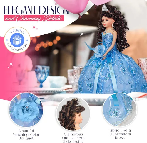 Miniatura 3 de KINNEX COLLECTIONS SINCE 1997 Muñeca de porcelana de 18 pulgadas de paraguas de quinceañera (Quince Años) KK18725-4 (Azul bebé)