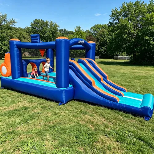 Miniatura 8 de Casa de Rebote Inflable con Pista de Obstáculos para Niños - 2 Toboganes de Carreras, Área de Salto, Túnel y Paredes de Escalada con Soplador