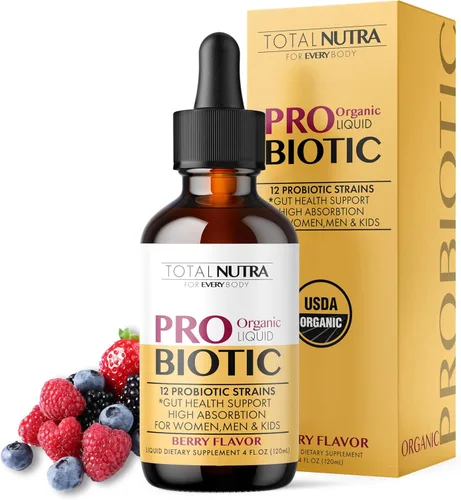 Probiótico líquido orgánico USDA para niños, mujeres y hombres, gotas probióticas para niños pequeños con mezcla de prebióticos de alfalfa +