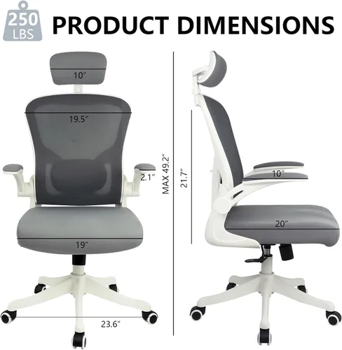 Miniatura 2 de Silla de escritorio ergonómica, soporte lumbar y reposacabezas 3D, silla de oficina en casa con respaldo de malla (gris)