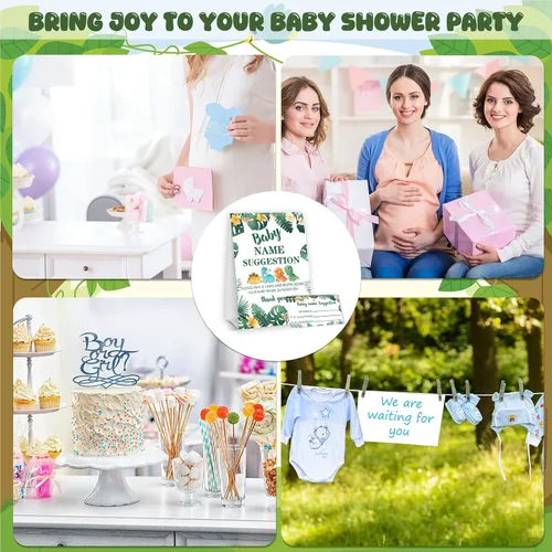 Miniatura 7 de DETIHO Tarjetas de juego de dinosaurio para baby shower, 1 letrero de sugerencia de nombre de bebé con 50 tarjetas de relleno, juego de fiesta