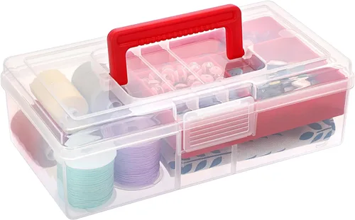 BTSKY Caja de almacenamiento de plástico transparente con bandeja extraíble, caja de almacenamiento de papelería multiusos con asa, práctica caja de