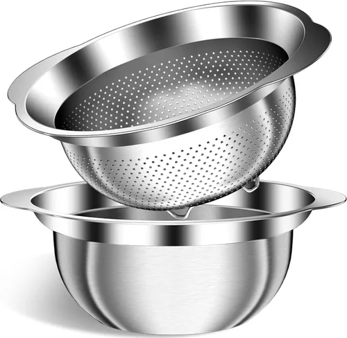 Colador de acero inoxidable con tazón para mezclar, lavadora de arroz, colador para cocina, colador de arroz, lavado de frutas y verduras, colador