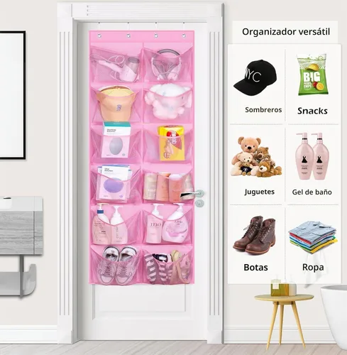 Miniatura 7 de KIMBORA 12 bolsillos grandes de malla sobre la puerta, organizador de zapatos para armario, zapatero colgante para puerta, zapatillas, Rosa