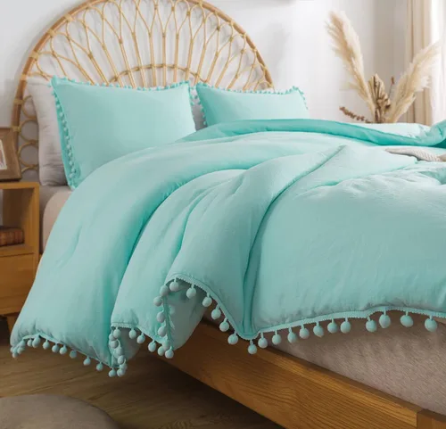Juego de funda de edredón con flecos y pompones, juego de cama de microfibra lavada de color natural, 3 piezas, funda de edredón de plumón de estilo