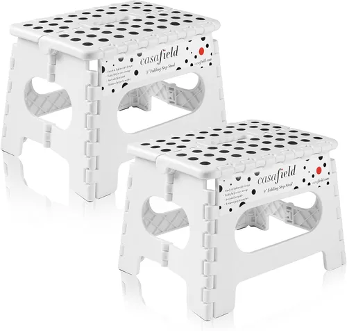 Miniatura 12 de Casafield Taburete plegable de 9 pulgadas con asa (juego de 2), negro, taburete de plástico plegable portátil para niños y adultos, uso