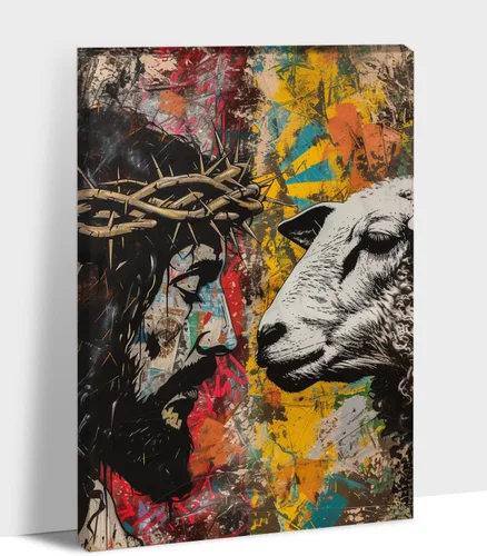 Miniatura 20 de Arte de pared en lona de Jesús y Cordero, Imagen de Jesús Corriendo tras la Oveja Perdida, Arte de pared religioso de Jesús Dejando las 99, Pinturas