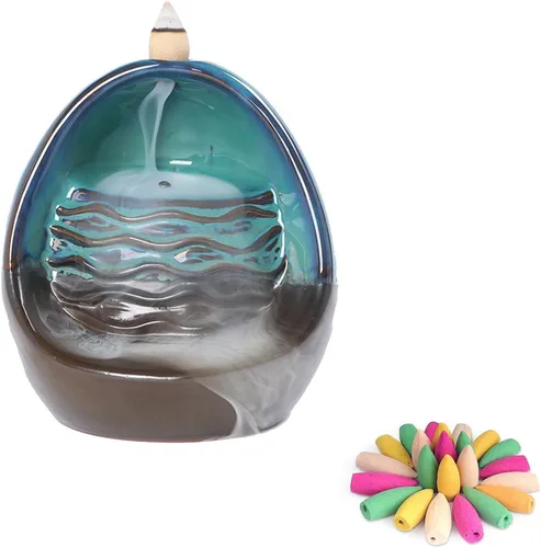 Soporte de incienso de cerámica con luces de colores, quemador de incienso en cascada con 20 conos mixtos para adorno, decoración del hogar,