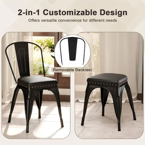 Miniatura 9 de Giantex Juego de 4 sillas de comedor de metal, sillas auxiliares apilables de cocina sin brazos con respaldo desmontable y asiento acolchado de piel