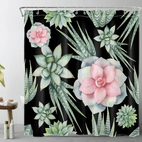 Miniatura 20 de Juego de cortinas de ducha de flamenco rosa, hoja verde salvia con hongo rojo, cortina de ducha para baño, cortina de ducha tropical de hoja