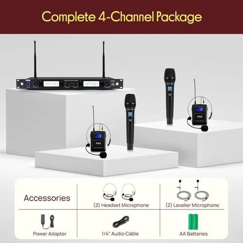 Miniatura 7 de Pyle Sistema de micrófono inalámbrico UHF de 4 canales con 2 micrófonos de mano, 2 Lavalier 2 auriculares y transmisores de cinturón, rango de 300