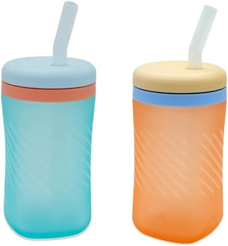 The First Years Vaso de silicona con popote para apretar, a prueba de derrames, apto para lavavajillas, naranja y azul, 7 onzas, 2 unidades, a