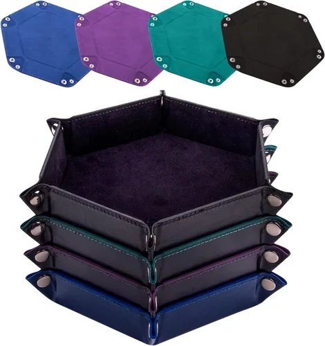 SIQUK 4 bandejas de dados portátiles hexagonales, de piel sintética, para juegos de dados como RPG, DND y otros juegos de mesa (negro, cian, azul rey