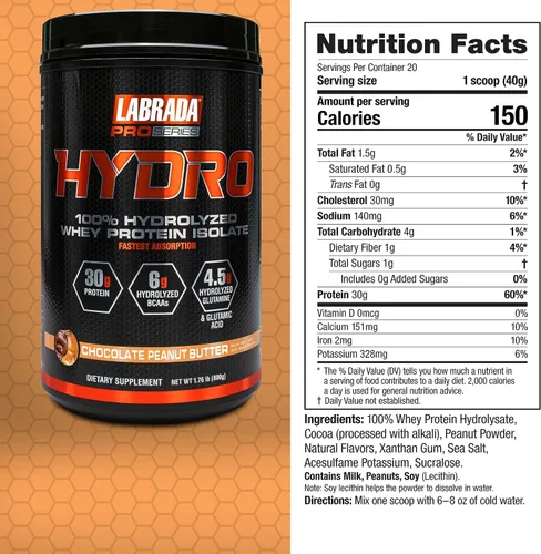 Miniatura 3 de LABRADA HYDRO 100% Polvo de proteína aislada de suero hidrolizada pura, sin lactosa, 6g de BCAA, 4.5g de glutamina, el suero más rápido de digerir
