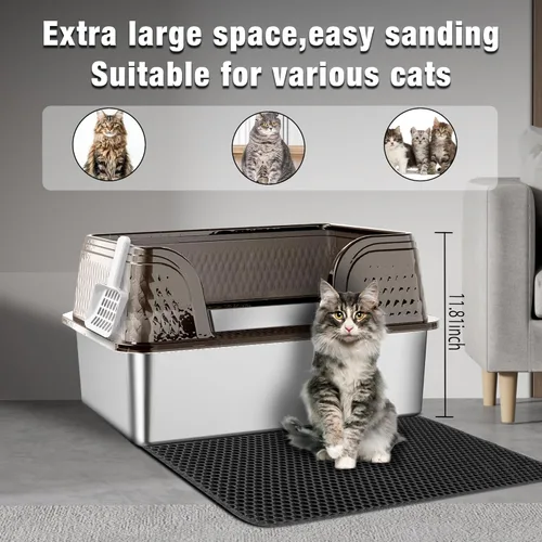 Miniatura 2 de Suhaco Caja extra grande de arena para gatos de acero inoxidable con tapa XXL Cajas de arena para gatos con lados altos incluidas Alfombrilla