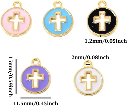 Miniatura 2 de Honbay 50 dijes de cruz esmaltada, colgantes redondos de crucifijo de aleación, para aretes, collares, pulseras, llaveros, joyería, manualidades