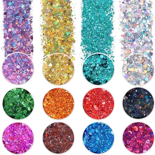 Licool - Brillantina gruesa holográfica, juego de 12, purpurina artesanal para manualidades de resina, purpurina cosmética para uñas, cuerpo, cara,