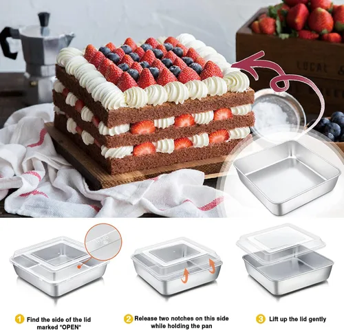Miniatura 6 de P&P CHEF Molde cuadrado para hornear pasteles con tapa, bandeja de brownie de lasaña de acero inoxidable y cubierta de plástico para picnic, boda