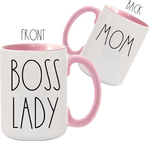 Miniatura 4 de BOSS LADY Farmhouse - Taza de cerámica de 15 onzas con inspiración estilo flaco Font PINK! Tu texto personalizado en la parte posterior
