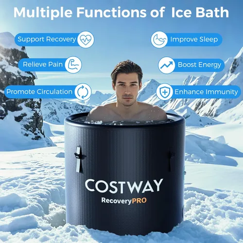 Miniatura 3 de COSTWAY L - Tina de baño de hielo ovalada de 79 galones con tapa, bañera inflable portátil para exteriores con mochila, bomba, para terapia de frío