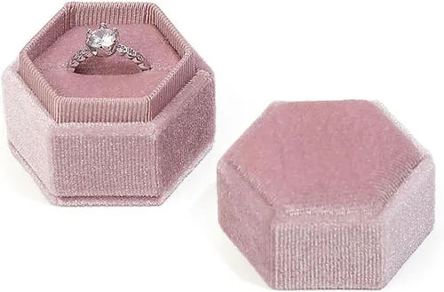 Miniatura 8 de Caja hexagonal de terciopelo para anillos con doble anillo, elegante caja de almacenamiento de joyas para propuestas, compromiso, aniversario, Blanco