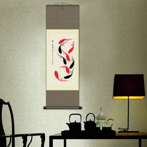 Miniatura 2 de AtfArt Decoración asiática de pared, hermoso pergamino de seda, pintura con año de peces, carpa roja y negra, decoración oriental, arte chino, J02
