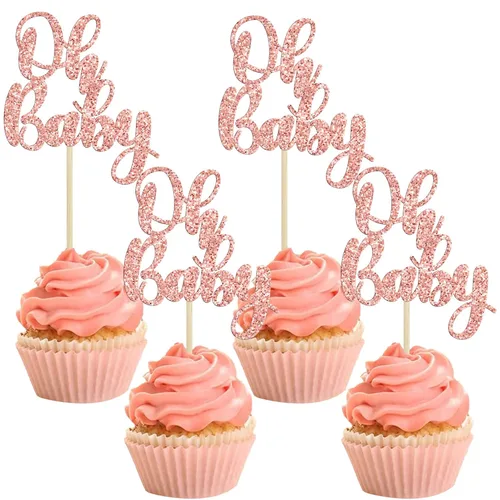 Miniatura 20 de Gyufise 36 piezas de decoraciones para cupcakes Oh Baby, arcoíris rosa y azul con purpurina, para baby shower, revelación de género, cupcakes para B