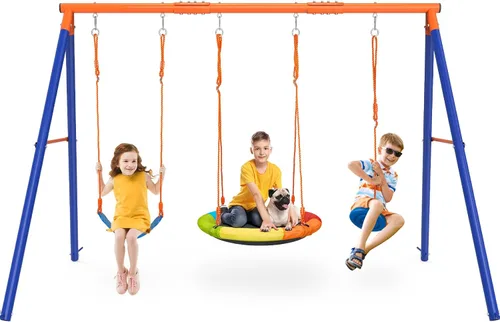 Miniatura 9 de GIKPAL Juego de columpios con soporte para niños, juegos de columpios al aire libre para patio trasero con platillo de 32" y asiento de 26.2", marco