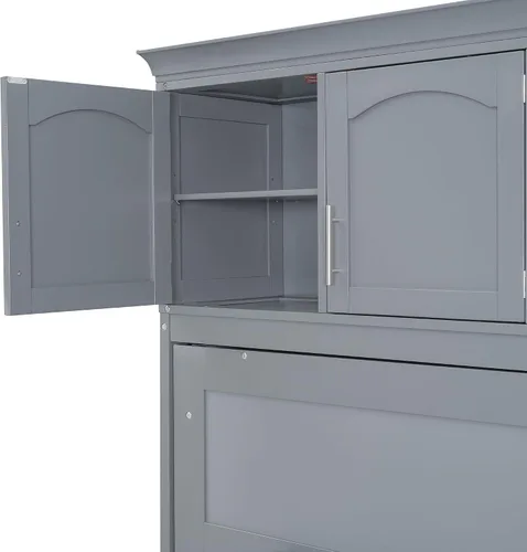 Miniatura 6 de Merax Moderno mueble Murphy con armarios superiores, plataforma de pared de madera maciza, no necesita somier, fácil de montar, color gris