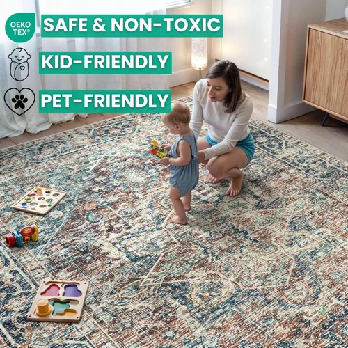 Miniatura 7 de Bloom Rugs Alfombra lavable antideslizante de 2 x 3 pies, color azul/verde/mandarina, alfombra tradicional oriental para sala de estar, dormitorio